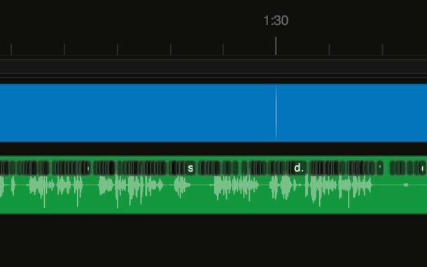 The timeline: scene track and the voice waveform with word markers